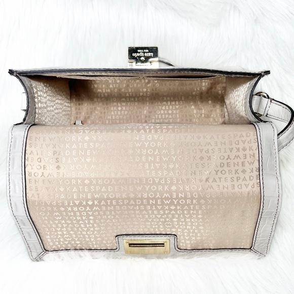 SOLD-Kate Spade Croc Leather Medium Satchel Handbag, Cream Ivory Beige - Picture 6 of 12